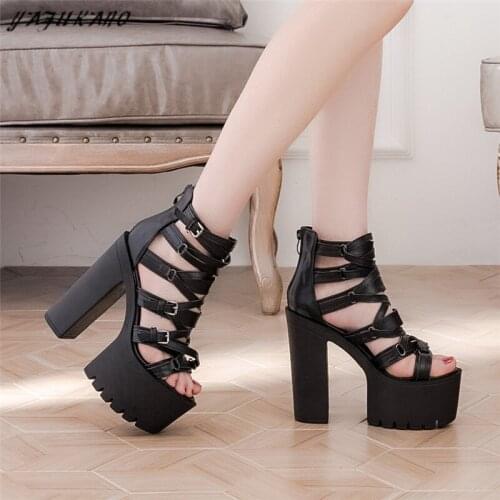 Summer Brand Women Sandals 14CM Models Catwalk Thick-Sole Super High Heels Square Heel Platform Gladiator Rome Shoes Punk Style