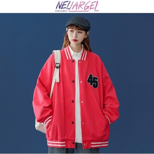 NELLARGEL Women Streetwear Vintage Kawaii Varsity Jackets 2021 Female Japanese Loose Winter Jackets Girl Korean Bomber Jackets