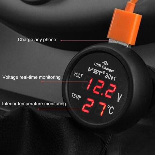 New 12V/24V Digital Meter Monitor 3 in 1 LED USB Car Charger Voltmeter Thermometer Car Battery Monitor LCD Digital Dual Display