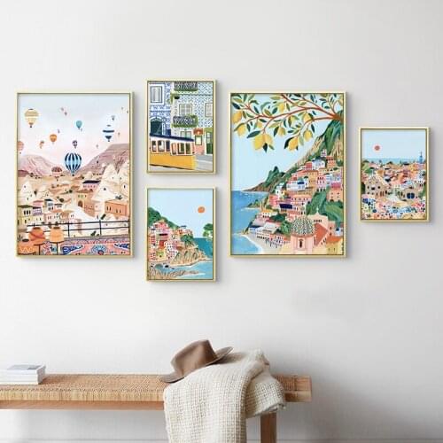 Europe Travel City Anime Poster Barcelona Lisbon Landscape Canvas Print Wall Art Pictures for Home Decoration Interior Paintings