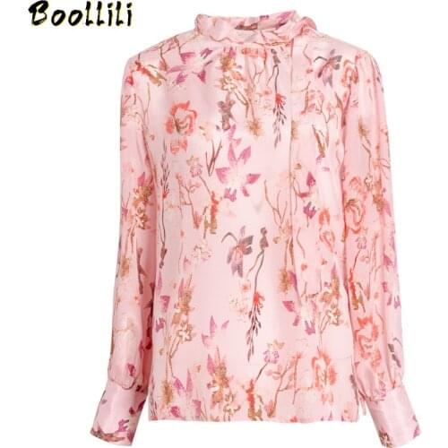 Boollili Real Silk Shirts Women 100% Real Silk Women Blouse Spring Autumn Korean Kwaii Pink Floral Print Women Blouses