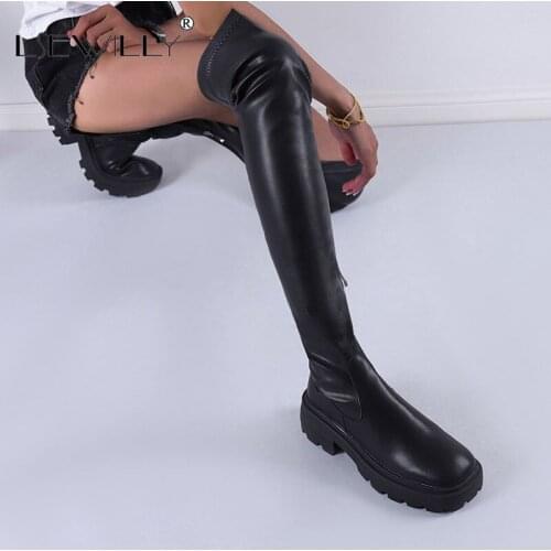 Lsewilly 2021 New Winter Plain Black Goth Punk Soft PU Leather Women Over-the-knee Stretch Boots Platform Chunky High Heels