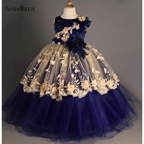 Real Picture Custom Flower Girl Dress O Neck 3D Flowers Applique Lace Kid Cloth Baby Girl Birthday Dress