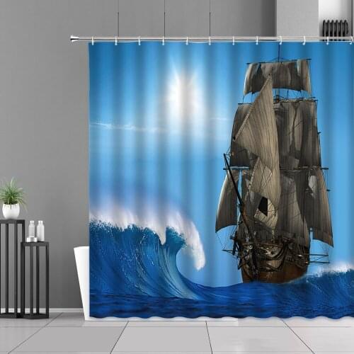 Sailboat Landscape On The Blue Sea Under The Sun 3D Printing Shower Curtain Bathtub Decoration Bath Screens Polyester Waterproof