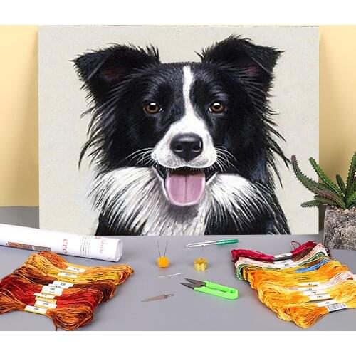 Animal Border Collie Printed 11CT Cross-Stitch Embroidery Patterns DMC Threads Craft Knitting Handiwork Handmade Floss