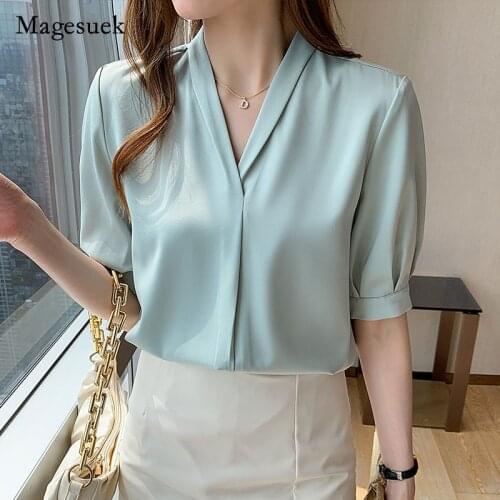 French Style Fashion Satin Shirt Korean Loose V-neck Summer White Blouse Women 2021 Short Sleeve Temperament Tops Clothes 14344