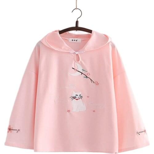 Pink Floral and Cat Embridery Harajuku Women Hoodies Cotton Hooded Sweatshirt 2021 Autumn Ladies Cute Kawaii Pullover Tops