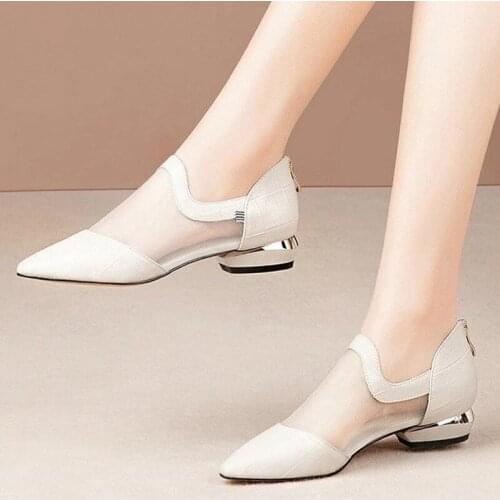 2021 Women Pointed Toe Elegant Pumps Ladies Mesh breathable Low Heels Female Office Casual Shoes Woman Zipper Footwear Plus Size