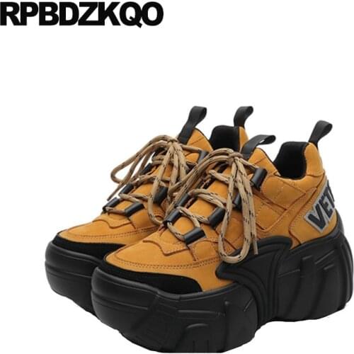Thick sole black chinese suede women genuine leather harajuku elevator creepers platform shoes lace up muffin custom yellow