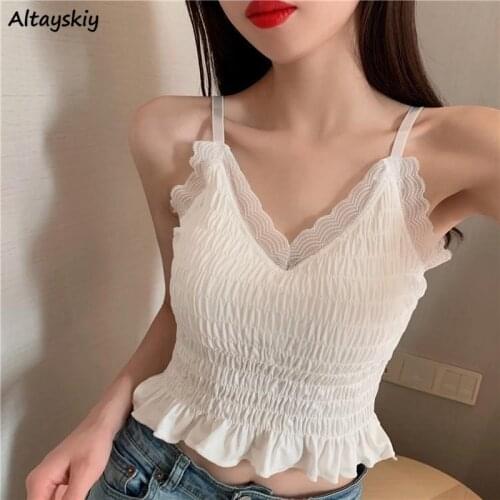 Camisole Women Shirring Slim Sexy V-neck Sweet Korean Style Summer Camis Simple Crop Top Lady Stylish Popular Clothing Solid Ins