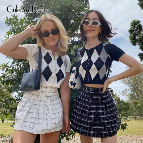Argyle Plaid Print y2k Knitted Tops Women Harajuku Vintage Fashion Crop Tees Fashion Aesthetic Short Sleeve Tshirt Cuteandpsycho