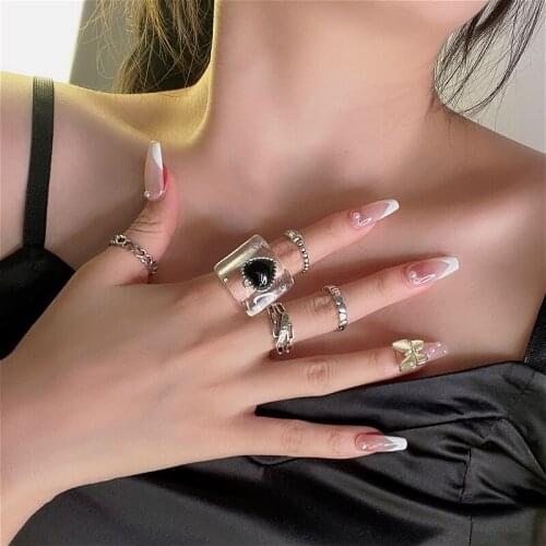 Gothic Black Heart Ring For Women Hip Hop Party Crystal Dark Punk Vintage Rings Set Jewelry Letter Sweet Girls Gift