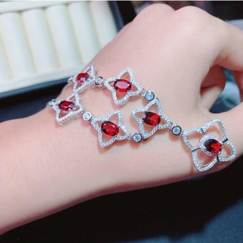 Real 925 Sterling Sliver Romantic Leaves Pendant Necklace Natural Red Garnet for Women Wedding Fine Jewelry