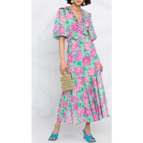 Summer Flowers Print Vintage Dresses Clothing For Women Puff Sleeve Bow Stand Collar Large Swing Retro Dress Female 2021