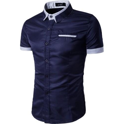 2018 New mens brand business Slim short-sleeved dress shirt European fashion stitching solid color casual short-sleeved shirt