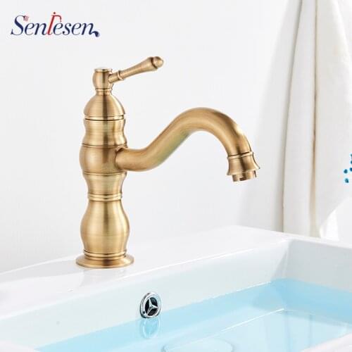 Senlesen Antique Brass Bathroom Basin Faucet Deck Mounted Mixer Tap Classical Faucet Hot and Cold Water