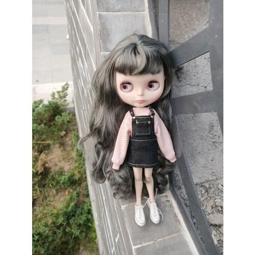 Blythes 1/6 size doll clothes pink black 2 color into joker stripe blouse + black belt denim skirt 2 sets doll accessories