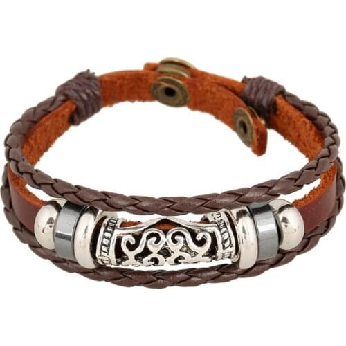EAMIOR Brown Genuine Leather Bracelet Mens Bangle Stainless Steel Snaps Button Retro Spacer Loose Beads Charm Jewelry For Women