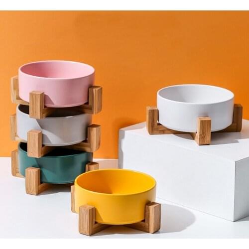 Ceramic Dog Bowl with Wood Stand Pet Dog Feeder No Spill Pet Food Water Feeder Cats Puppy Pet bowl