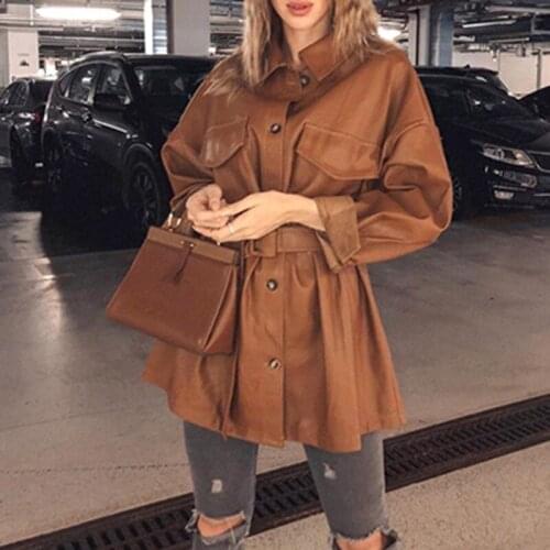 Short Womens Jacket Dress Brown PU Fur Ladies Fashion Pocket Coat Ladies Elegant Tie Belt Waist Coat Ladies Autumn Winter New