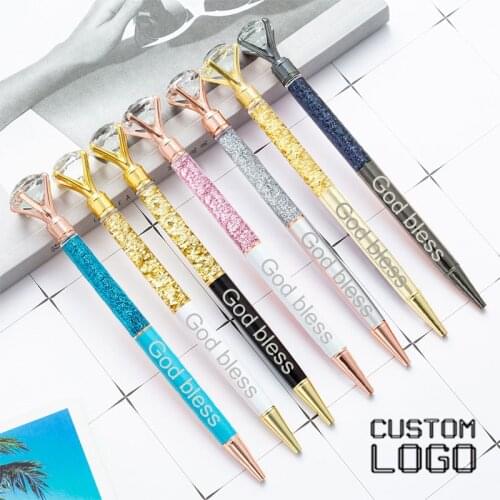 Cute Customized LOGO Diamond Shiny Metal Ballpoint Pen Luxury Gold Oil Color Gel Pens Student Stationery Wedding Birthday Gifts