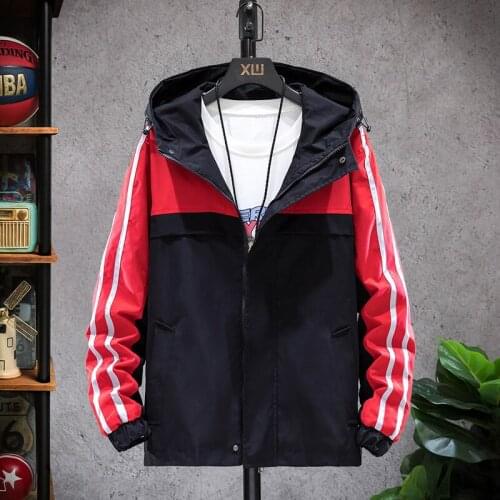 Mens New Fashion Hooded Spliced Jacket Large Size Male Hot Sale Sport Outerwear Men Print Harajuku Windbreaker Oversize Coat