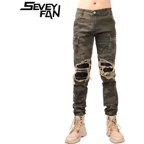 SEVEYFAN Hi Street Mens Camouflage Cargo Pants PU Leather Patchwork Biker Jeans Stretch Slim Ripped Jeans Trousers