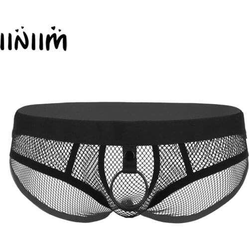 Male Mens Fishnet Briefs Underwear Sissy Exotic Panties See Through Lingerie Low Rise Open Bulge Pouch Bikini with Metal O-ring