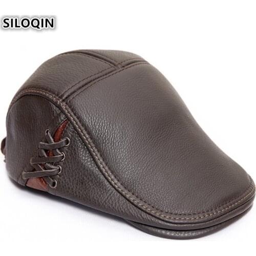 SILOQIN Genuine Leather Hat Mens Cowhide Beret Brand Flat Cap 2019 New Style Autumn Winter Warm Personality Tongue Caps For Men
