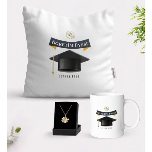 Personalized Lecturer White Mug Cushion and Is Daisy Necklace Gift Seti-1