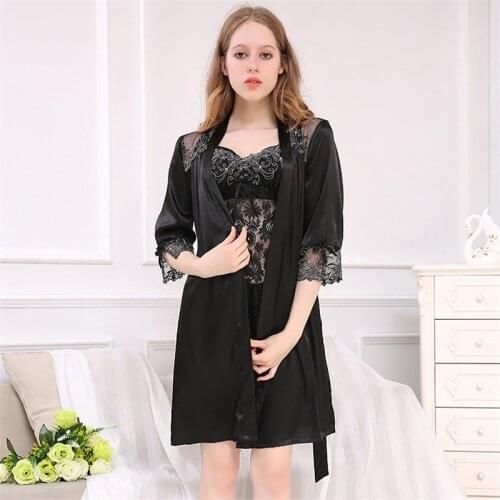 Sexy Silk Robe Sets 2020 Summer New Faux Silk Sleepwear Female Sweet Lace Sleeping Robe + Nightdress Satin Silk Bathrobes 1771