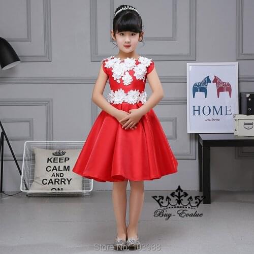 2019 100% real photo free shipping Red knee length A-line Appliques Flower Girl Dresses wedding Christmas gift birthday dress