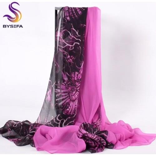 [BYSIFA] Luxury Silk Scarf Shawl Women New Design Patchwork Long Scarves Wraps Black Purple Ladies Beach Silk Scarf Cover Ups