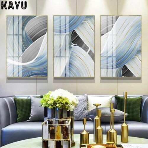 Modern Blue Abstract Gold Line Canvas Paintings Ribbon Winding Wall Art Poster Prints Wall Picture for Living Room Home Decor