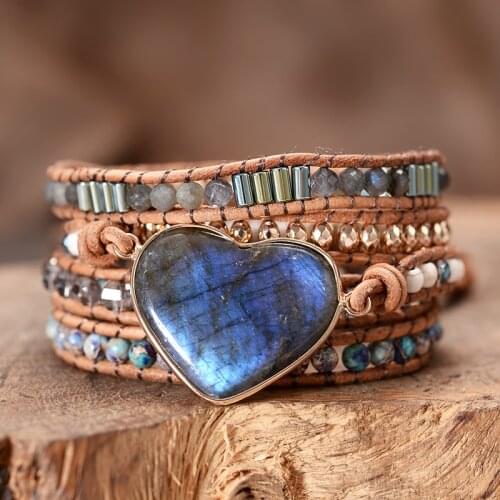 Heart shape Sparkling Moon stones Five Strands Wrap Bracelets Handmade Braided Crystals Beaded Leather Bangles