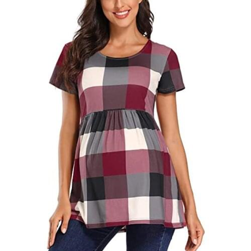 Women T-shirt Maternity Top Plaid Printing Short Sleeve Tee Tops Pregnant Womens T Shirt Summer Pregnancy Clothes Polera Mujer