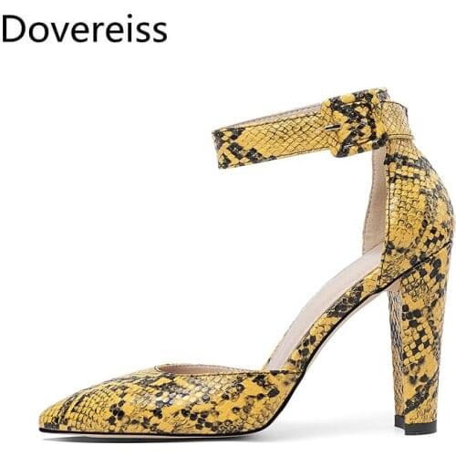 Dovereiss Fashion Womens Shoes Summer New Elegant Mature Sexy Consice Snakeskin Pointed Toe Chunky Heels Sandals Big Size 46
