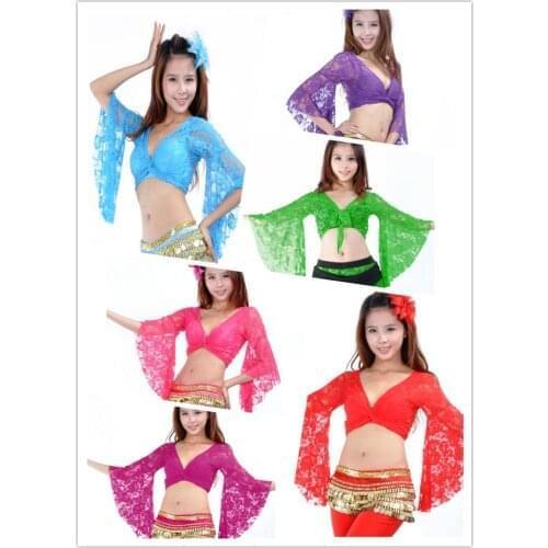 13 Candy Colors Belly Dance Clothes Tops Women Sexy Lace Top Front Cross Crop Halter Deep V Neck Flare Sleeve Top