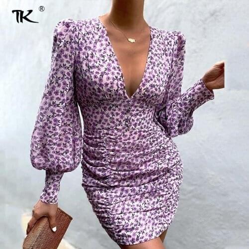 Flower Print Bandage Mini Summer Womens Dress 2021 Sexy Deep V-Neck Lantern Sleeve Patchwork Fold Bodycon Dresses Lady Vestidos