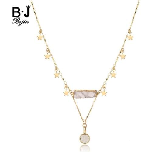 BOJIU New Wrapped Natural Druzy Pendant Necklace For Women Gold Copper Link Chain Star Accessories Long Necklace Hot Sale NKS186