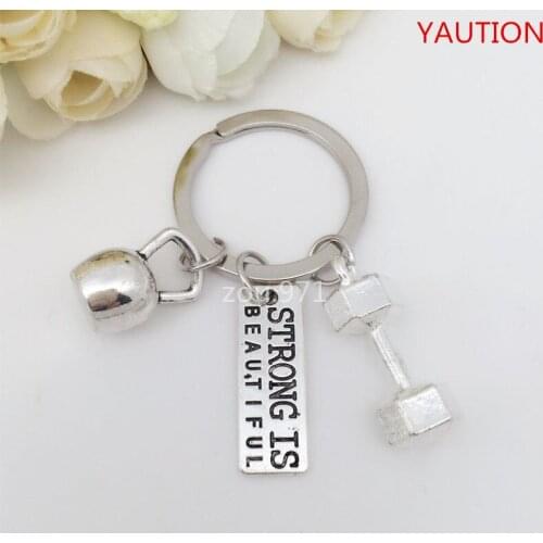 1Pcs STRONG IS BEAUTIFUL & KETTLEBELL Chain Keychain * Fitness Weightlifting Gym