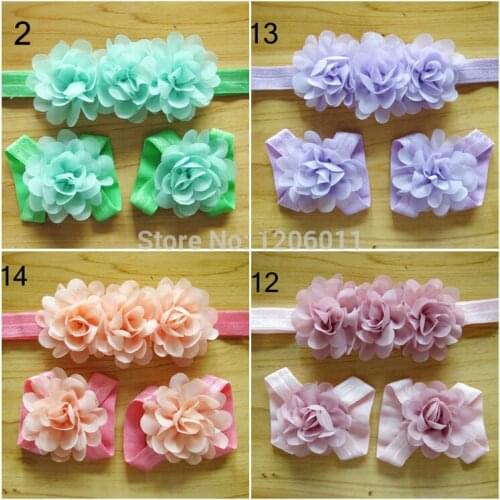 10sets/lot 2014 pop kids girls Chiffon flower flower shoes and 3 flowers headband kids First Walkers Sandals