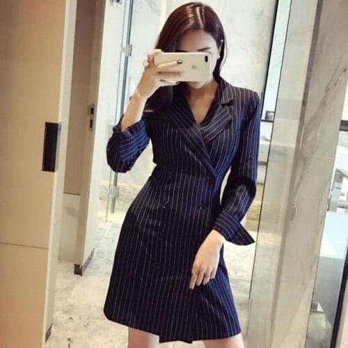 SWYIVY Long Blazer Womens Striped Suit Double-Breasted Long Slim Coat Lady 2020 Autumn Fashion Blazer Coats Female
