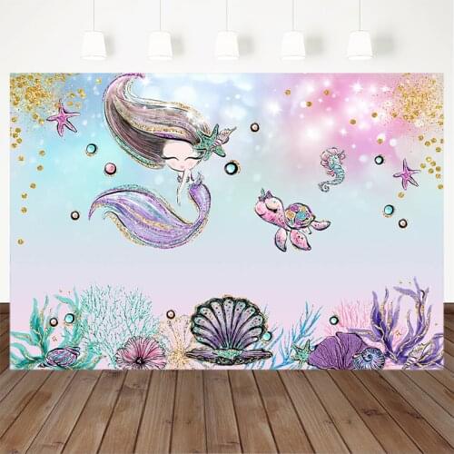 Mermaid Photography Background Newborn Underwater World Backdrop Gold glitter Sea Turtle Shell Decoration Birthday Party Photos