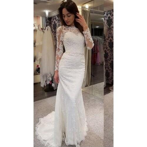 JIERUIZE Mermaid Wedding Dresses O Neck Long Sleeves Open Back With Sash Full Lace Wedding Gowns Bridal Dresses robe de mariee