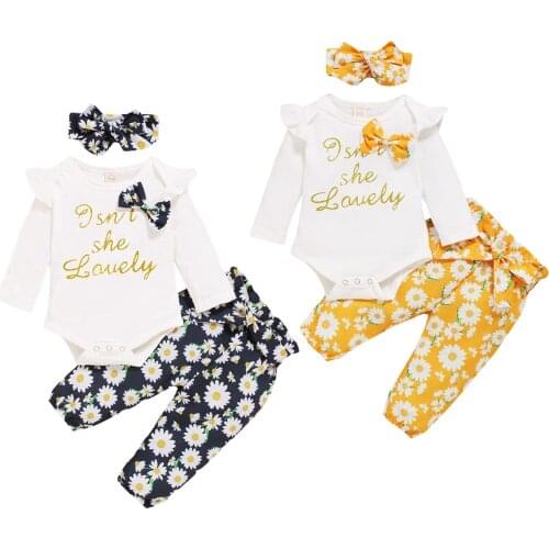 Citgeett Autumn Newborn Baby Girls 3Pcs Set Letter Print Bow Long Sleeve Bodysuit+Floral Trousers Pants +Headband Spring Set