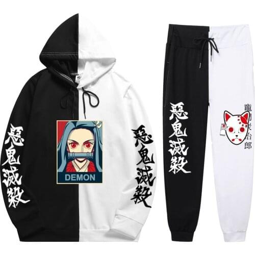 Summer Unisex 2 Pieces Sets Anime Harajuku Demon Slayer Pop Print Patchwork Thin Hoodie+Patchwork Pants Sweater New