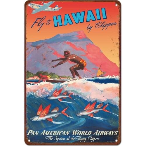 Fly to Hawaii by Clipper - Pan American World Airways - Surfer, Diamond Head Crater - Vintage Airline Travel Poster by Mark Von