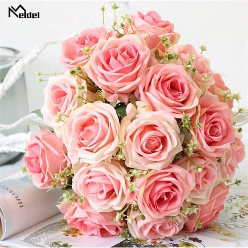 Meldel Bride Wedding Bouquet Bridesmaid Artificial Silk Flower Polyester 9 Heads Rose Gypsophila Bouquet DIY Wedding Supplies
