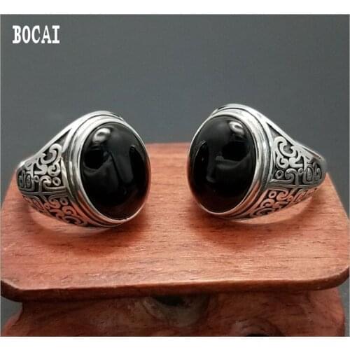 Real S925 solid sterling silver jewelry vintage natural black stone ring mens fashion personality ring